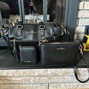 White Elm Black Leather Tote Bag Set with Crossbody and Wallet